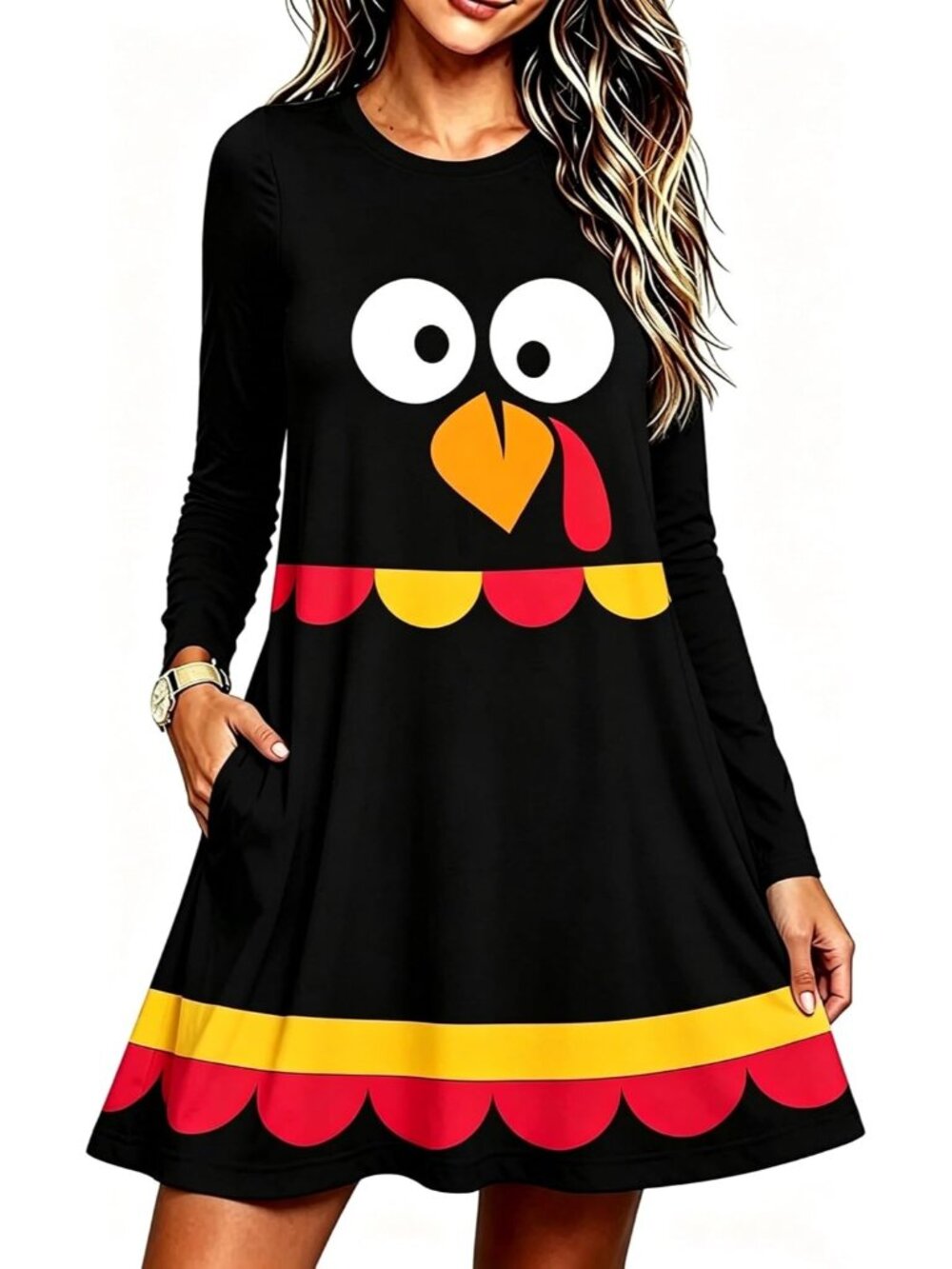 🆕Women's Thanksgiving Turkey Graphic Scalloped Long Sleeve Swing Dress